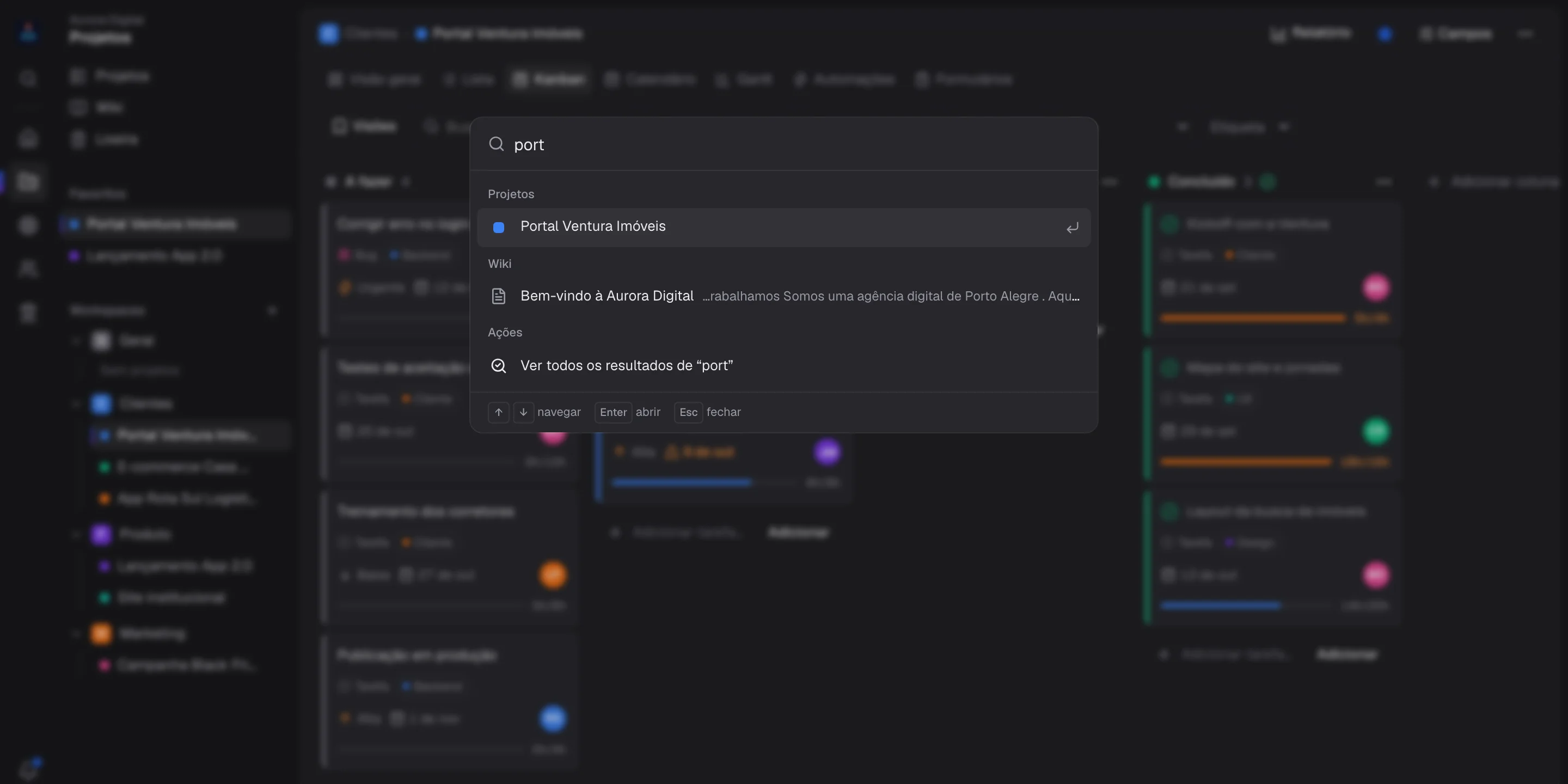 Busca rápida do Stagio (Cmd+K) mostrando um projeto e páginas da Wiki