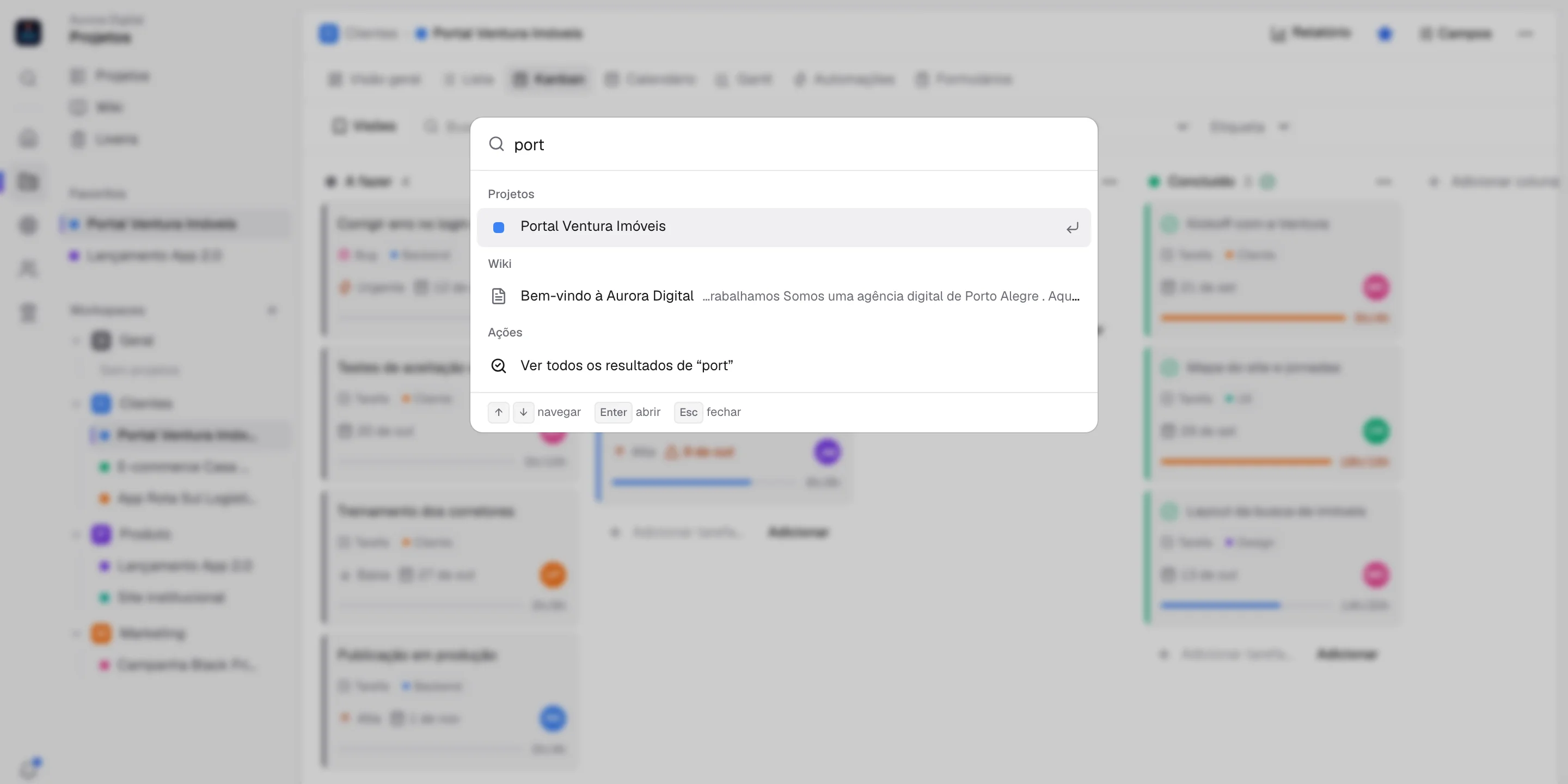Busca rápida do Stagio (Cmd+K) mostrando um projeto e páginas da Wiki